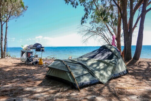 Typical camping holiday Australia using swag