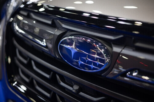 Closeup Subaru brand logo at Subaru Forester car - Perth City Subaru