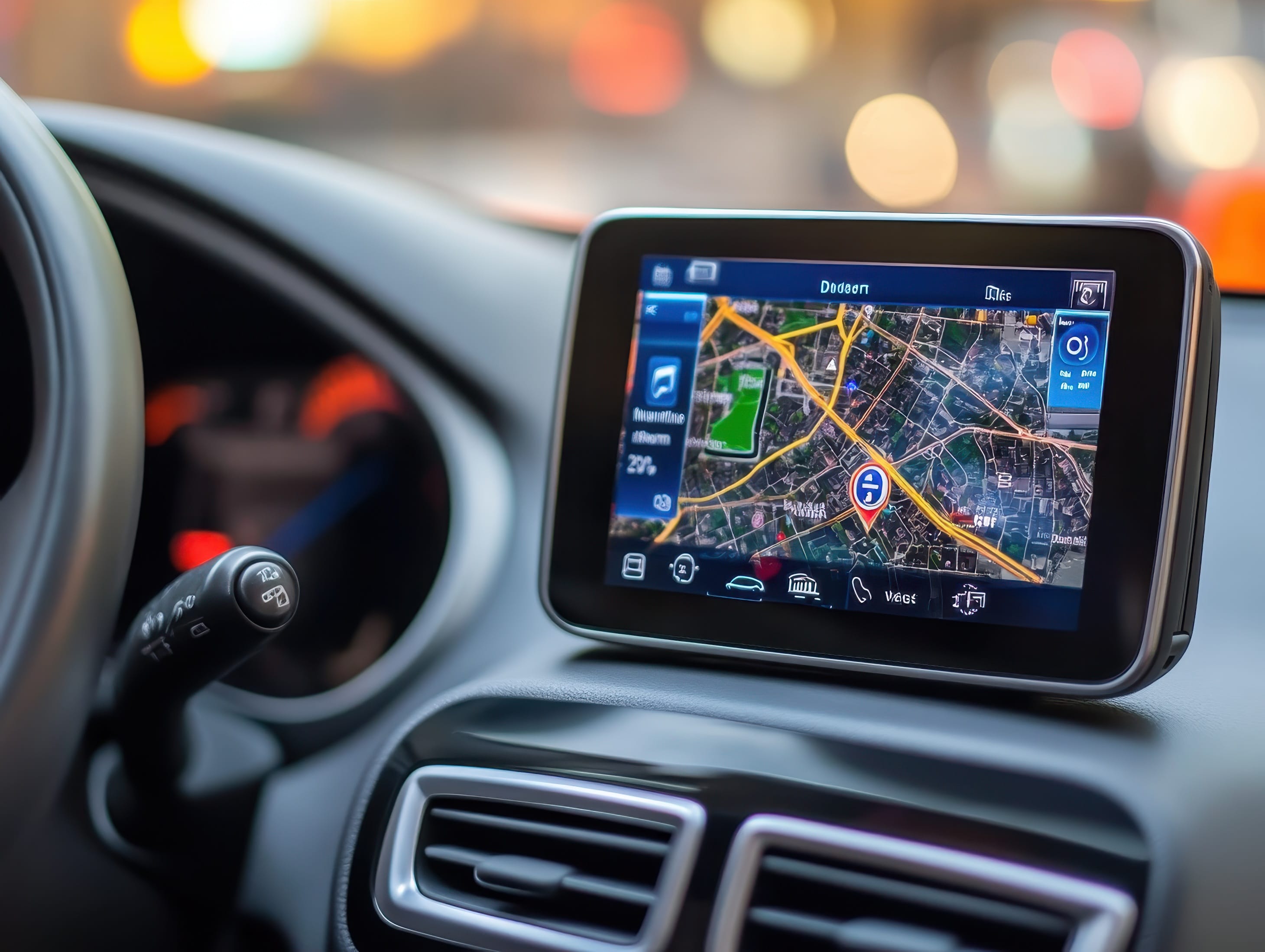 A close-up of a car's dashboard showing a GPS navigation screen with a detailed city map and current route.