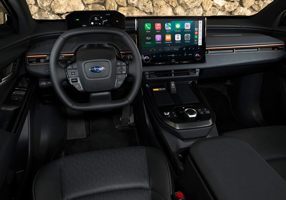 Interior view of the Subaru Trailseeker featuring a large touchscreen infotainment display and modern dashboard.