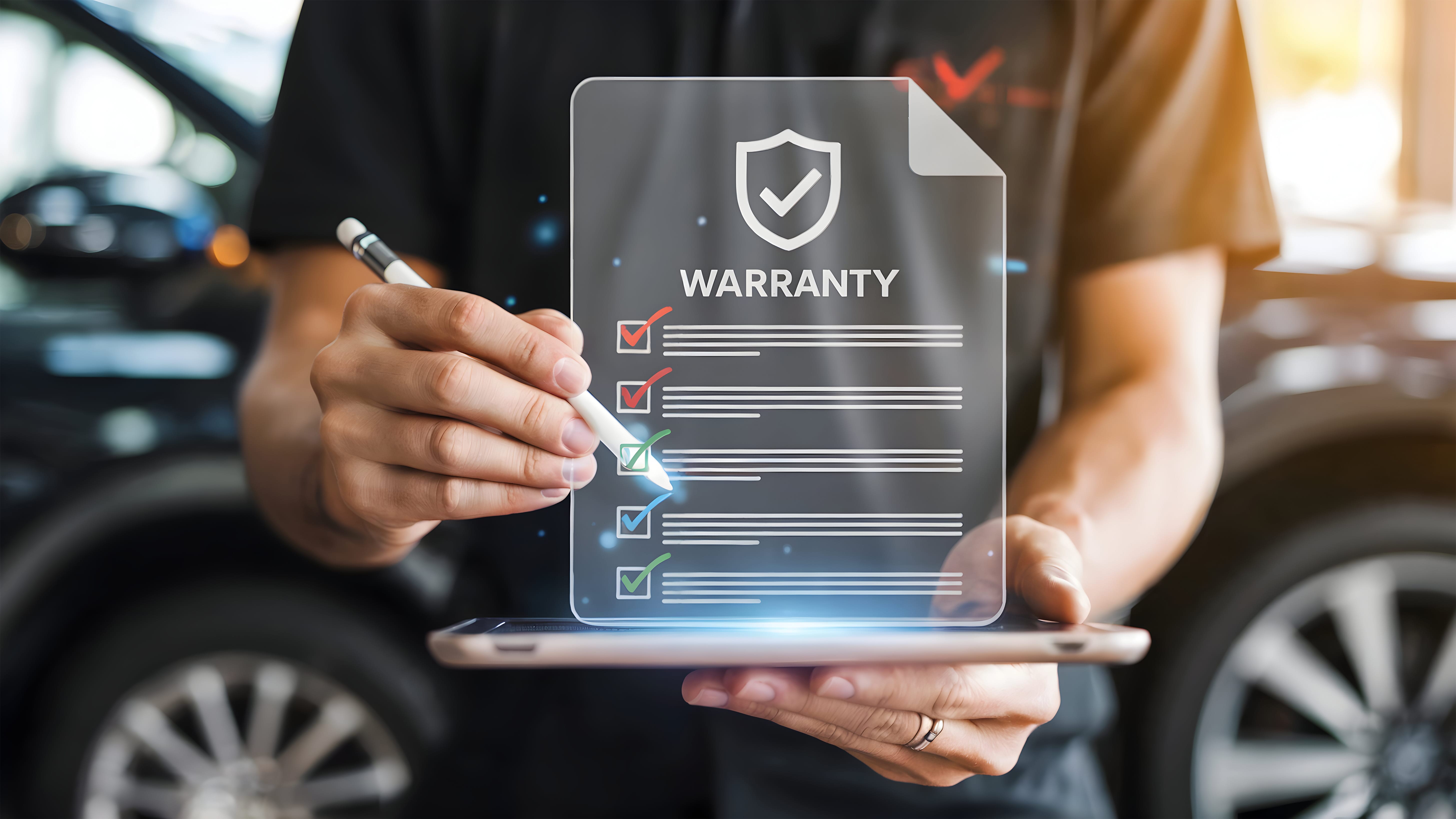 Person reviewing a vehicle warranty checklist beside a car at a dealership